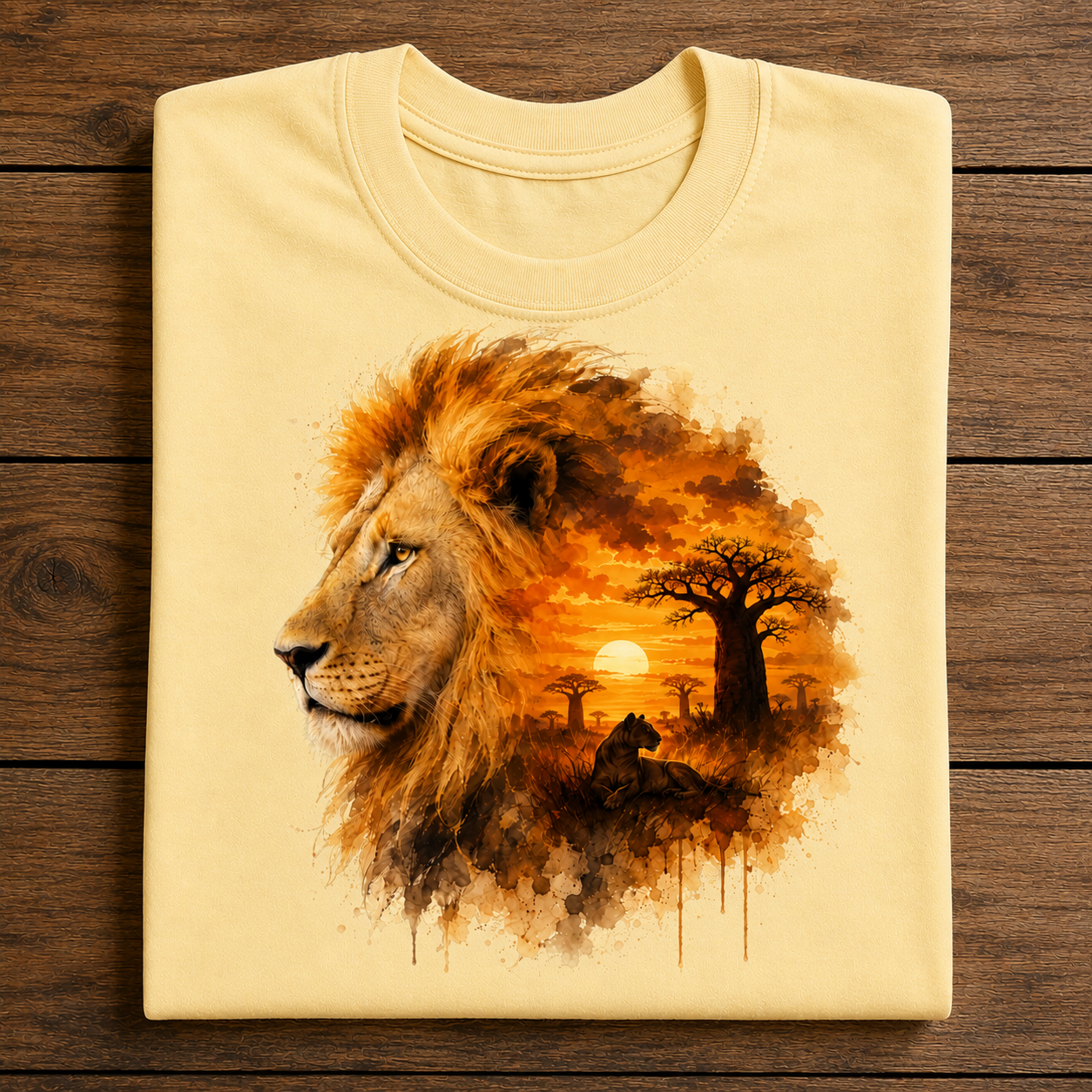 A folded butter colored t-shirt with a detailed graphic print of a lion and an African savanna sunset, displayed flat on a dark wood background.