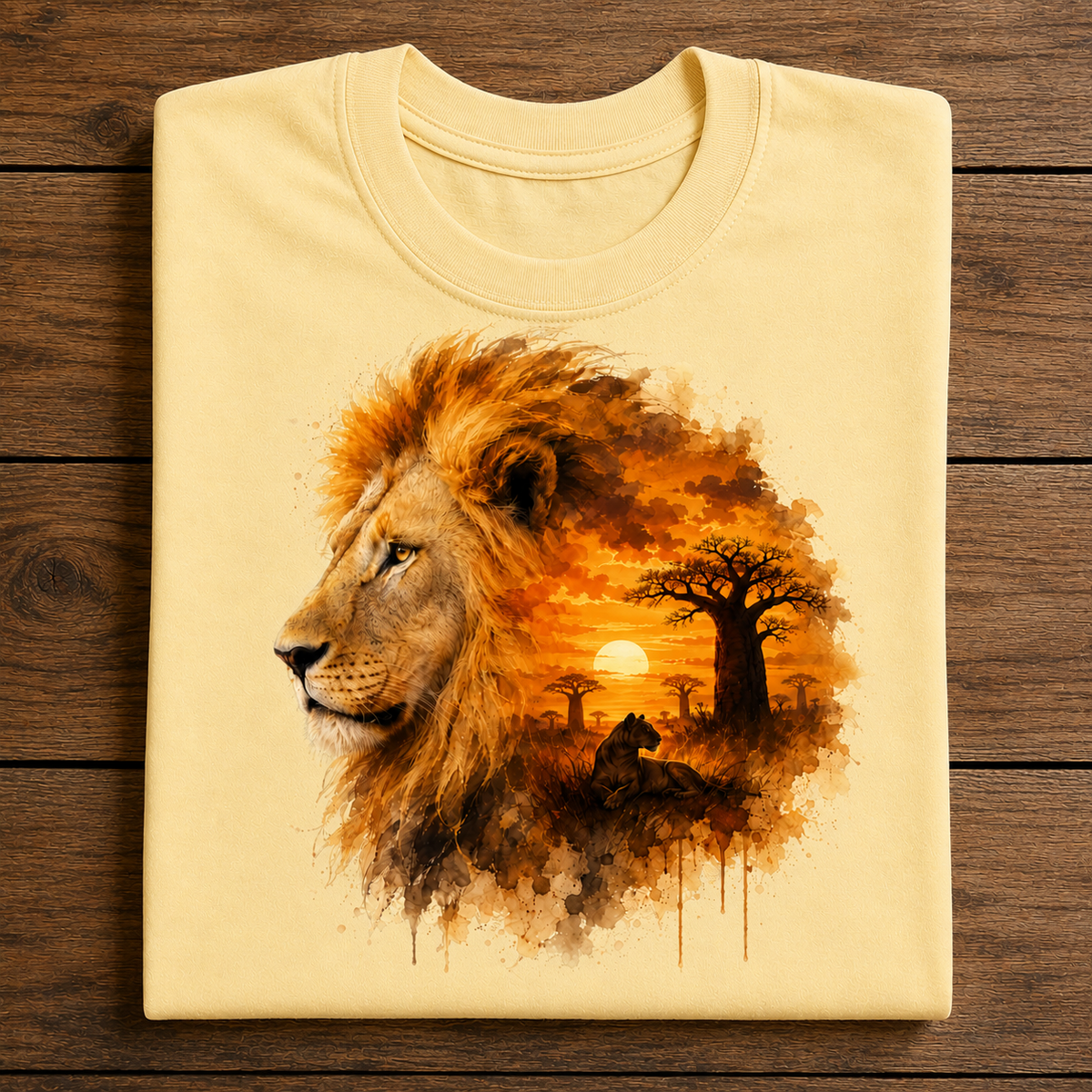 A folded butter colored t-shirt with a detailed graphic print of a lion and an African savanna sunset, displayed flat on a dark wood background.