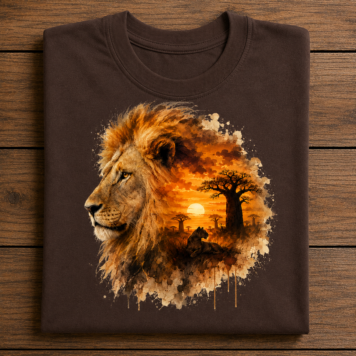 A dark brown folded t-shirt displayed flat on a rustic wooden background, featuring a large graphic print of a lion's head in profile with an African savanna sunset scene inside the mane.