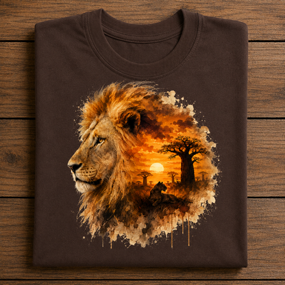 A dark brown folded t-shirt displayed flat on a rustic wooden background, featuring a large graphic print of a lion's head in profile with an African savanna sunset scene inside the mane.