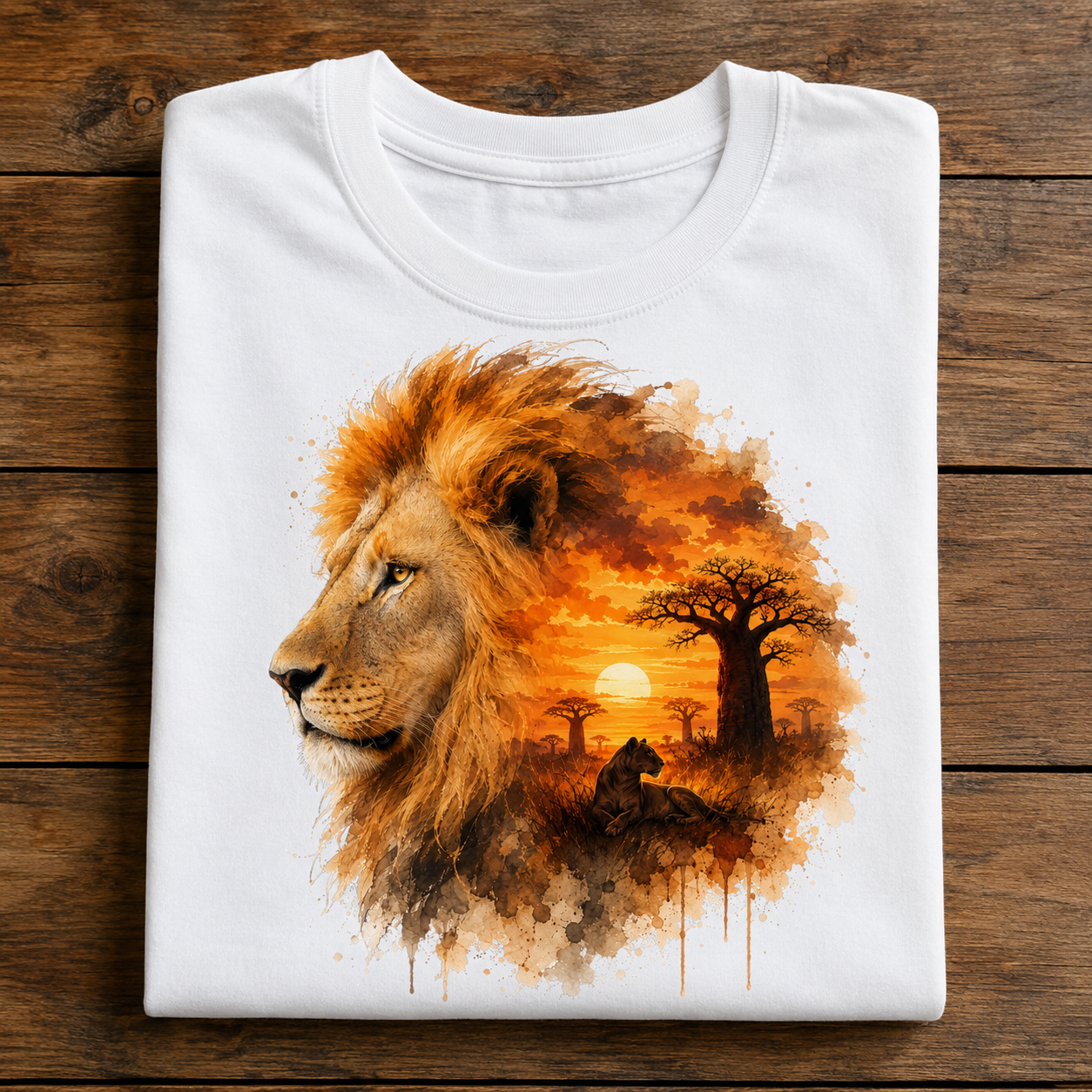 A folded white crewneck t-shirt displayed flat on a dark wood plank surface, featuring a large graphic print of a lion's head in profile blending into an African savanna sunset scene with trees and a bird.
