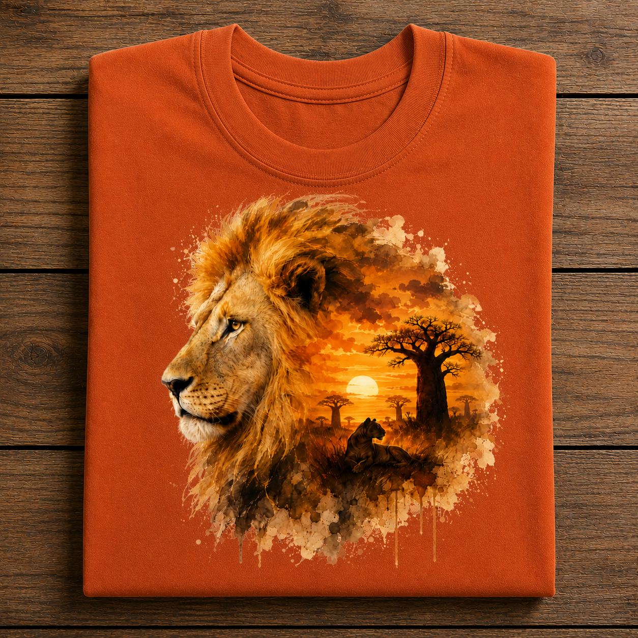 A folded yam crewneck t-shirt displayed flat on a dark wood plank background, featuring a large graphic print of a lion's head in profile with an African savanna sunset scene inside a paint-splatter circle.