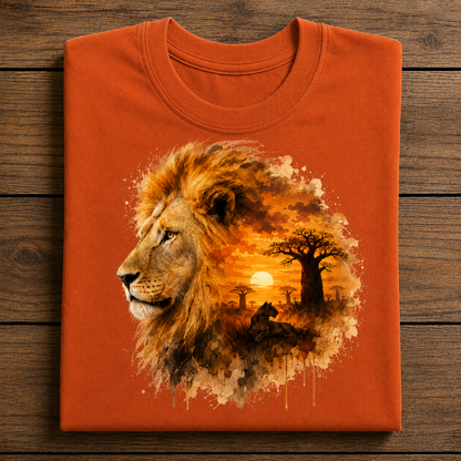 A folded yam crewneck t-shirt displayed flat on a dark wood plank background, featuring a large graphic print of a lion's head in profile with an African savanna sunset scene inside a paint-splatter circle.