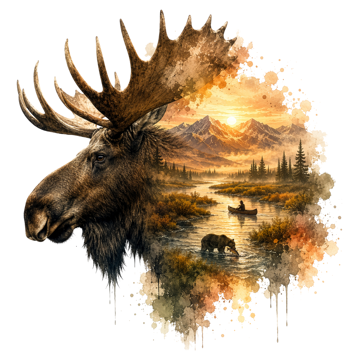 A watercolor-style graphic featuring a large moose head in profile on the left, blending into a scenic landscape with mountains, a river, trees, a canoe, and a bear on the right, all on a white background.