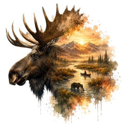 A watercolor-style graphic featuring a large moose head in profile on the left, blending into a scenic landscape with mountains, a river, trees, a canoe, and a bear on the right, all on a white background.