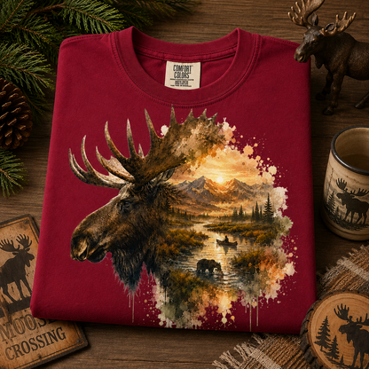A folded brick red Comfort Colors t-shirt with a large graphic print of a moose head and a scenic landscape with mountains, a river, and animals. The shirt is styled on a rustic wooden table with pine branches, a ceramic mug, and wooden coasters.