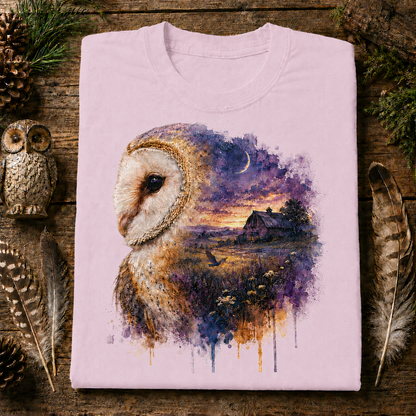 A folded blossom colored t-shirt with a detailed watercolor graphic of an owl and a rustic barn landscape, displayed on a rustic wooden background with decorative feathers and pinecones.