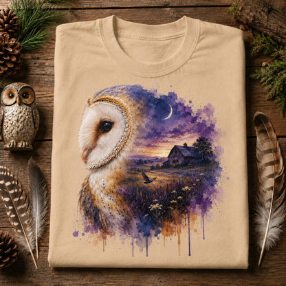 A sandstone colored crewneck t-shirt is laid flat on a rustic wooden surface, decorated with pine needles, pinecones, feathers, and a small owl figurine. The t-shirt features a detailed graphic print of a barn owl next to a purple and blue watercolor landscape of a barn at dusk.