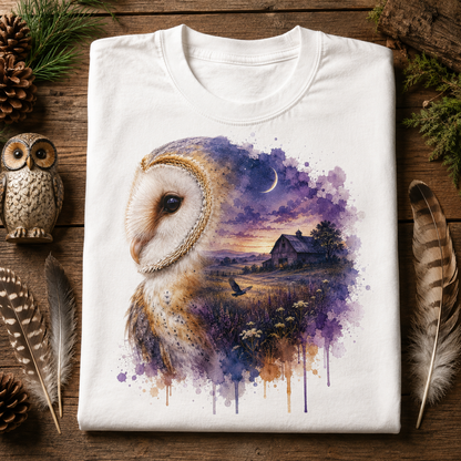 A folded white crewneck t-shirt displayed on a rustic wooden surface, decorated with pinecones, feathers, and a small owl figurine. The t-shirt features a detailed graphic print of a barn owl in profile, blending into a watercolor landscape of a farm field under a purple and blue night sky with a crescent moon.