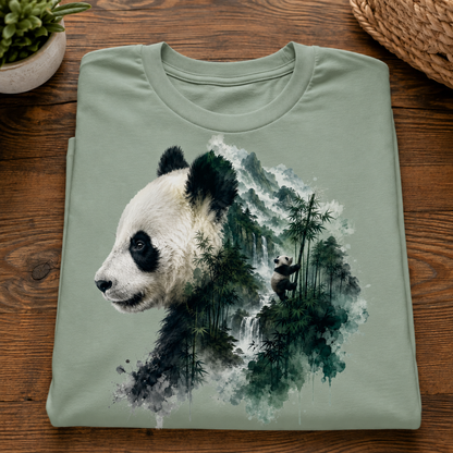 A folded bay green t-shirt with a detailed graphic print of a panda and bamboo forest, displayed on a wooden surface.
