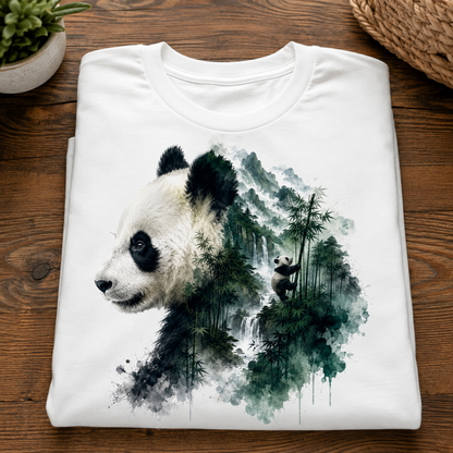 A folded white crewneck t-shirt is displayed on a dark wood surface. The shirt features a detailed graphic print of a panda bear in profile, with its body filled by a watercolor-style green and black bamboo forest.