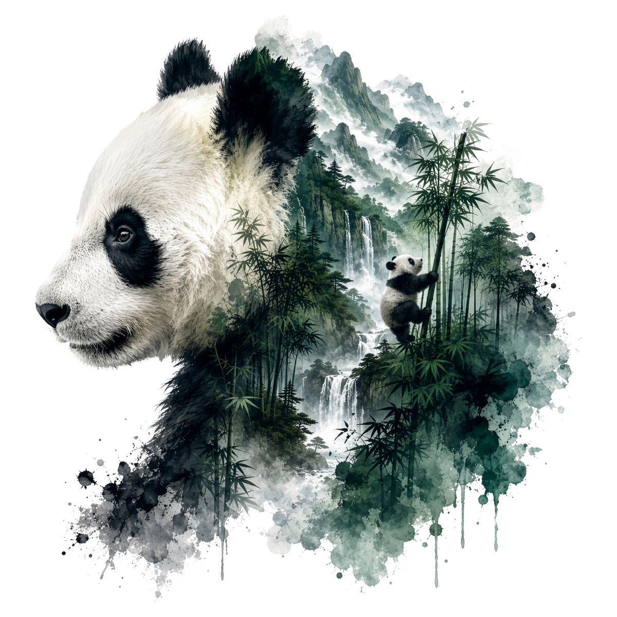 A stylized watercolor-style panda portrait on a white background, with black-and-white fur blending into a green bamboo forest and misty mountains. A small panda cub is visible climbing bamboo within the artwork.