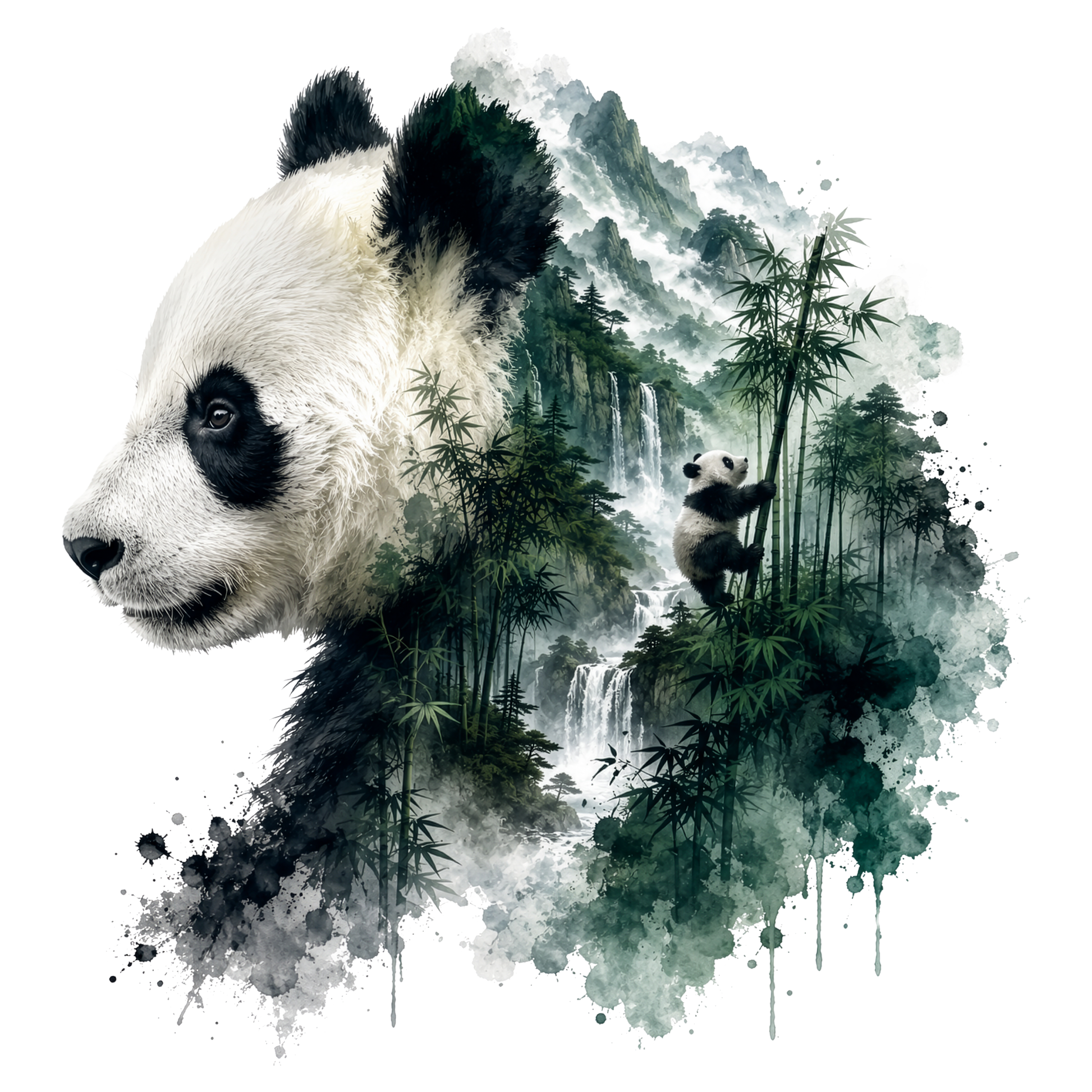A stylized watercolor-style panda portrait on a white background, with black-and-white fur blending into a green bamboo forest and misty mountains. A small panda cub is visible climbing bamboo within the artwork.