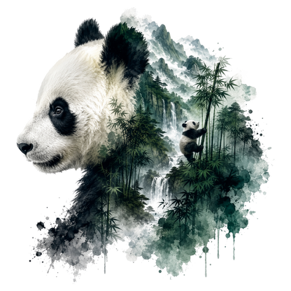 A stylized watercolor-style panda portrait on a white background, with black-and-white fur blending into a green bamboo forest and misty mountains. A small panda cub is visible climbing bamboo within the artwork.