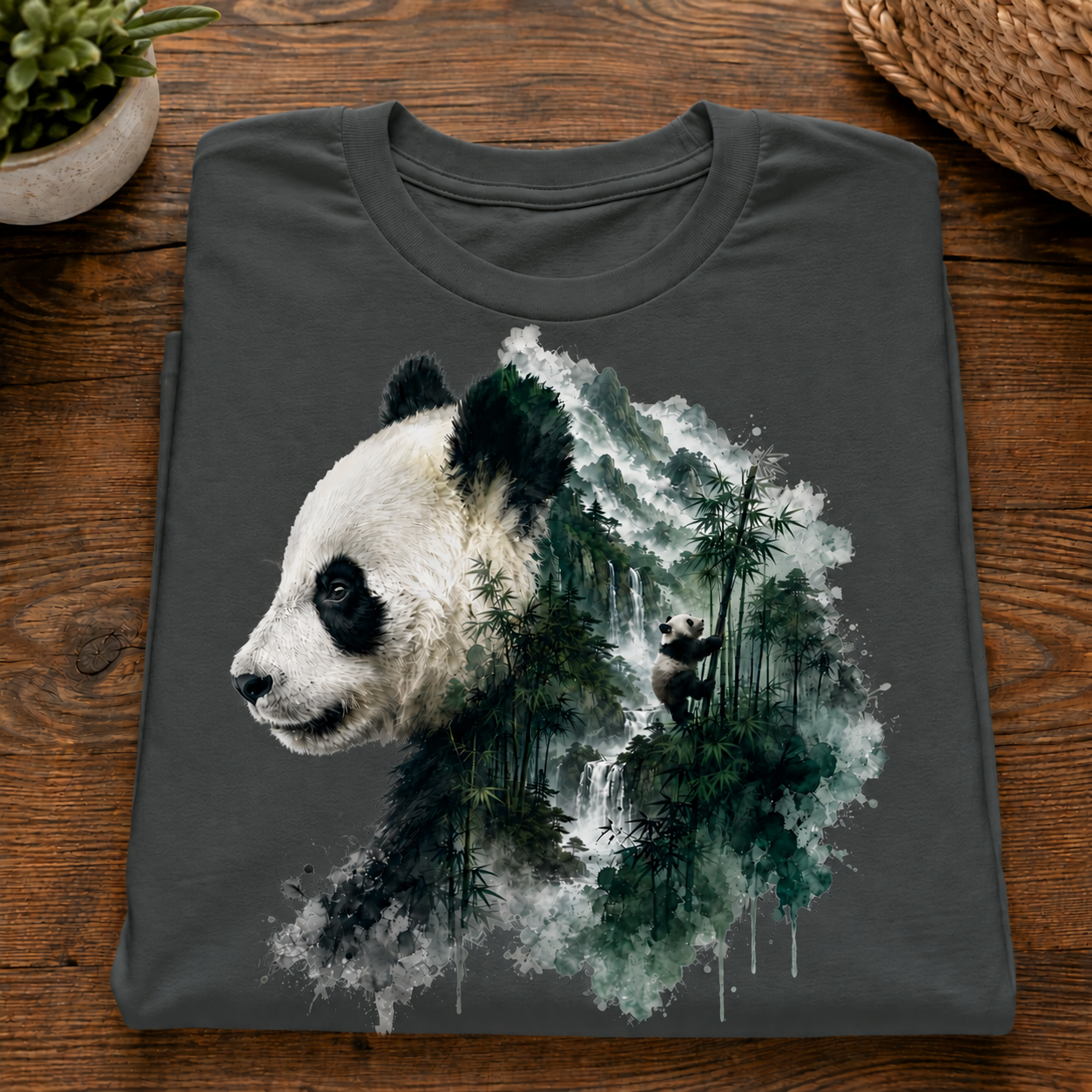 A dark granite colored t-shirt with a detailed graphic of a panda overlaid with a watercolor forest scene, displayed flat on a wooden surface.