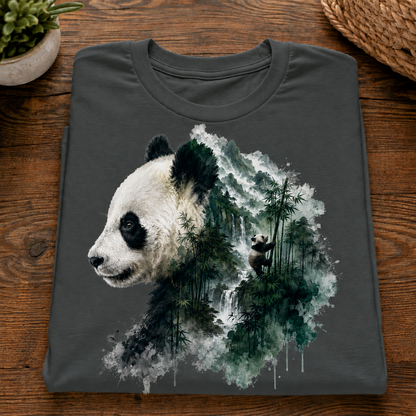 A dark granite colored t-shirt with a detailed graphic of a panda overlaid with a watercolor forest scene, displayed flat on a wooden surface.