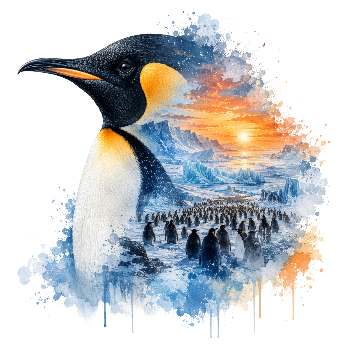 A stylized polar landscape DTF featuring a large penguin in the foreground, a flock of penguins in an icy seascape, and an orange sunset over mountains, rendered with blue watercolor splashes on a white background.