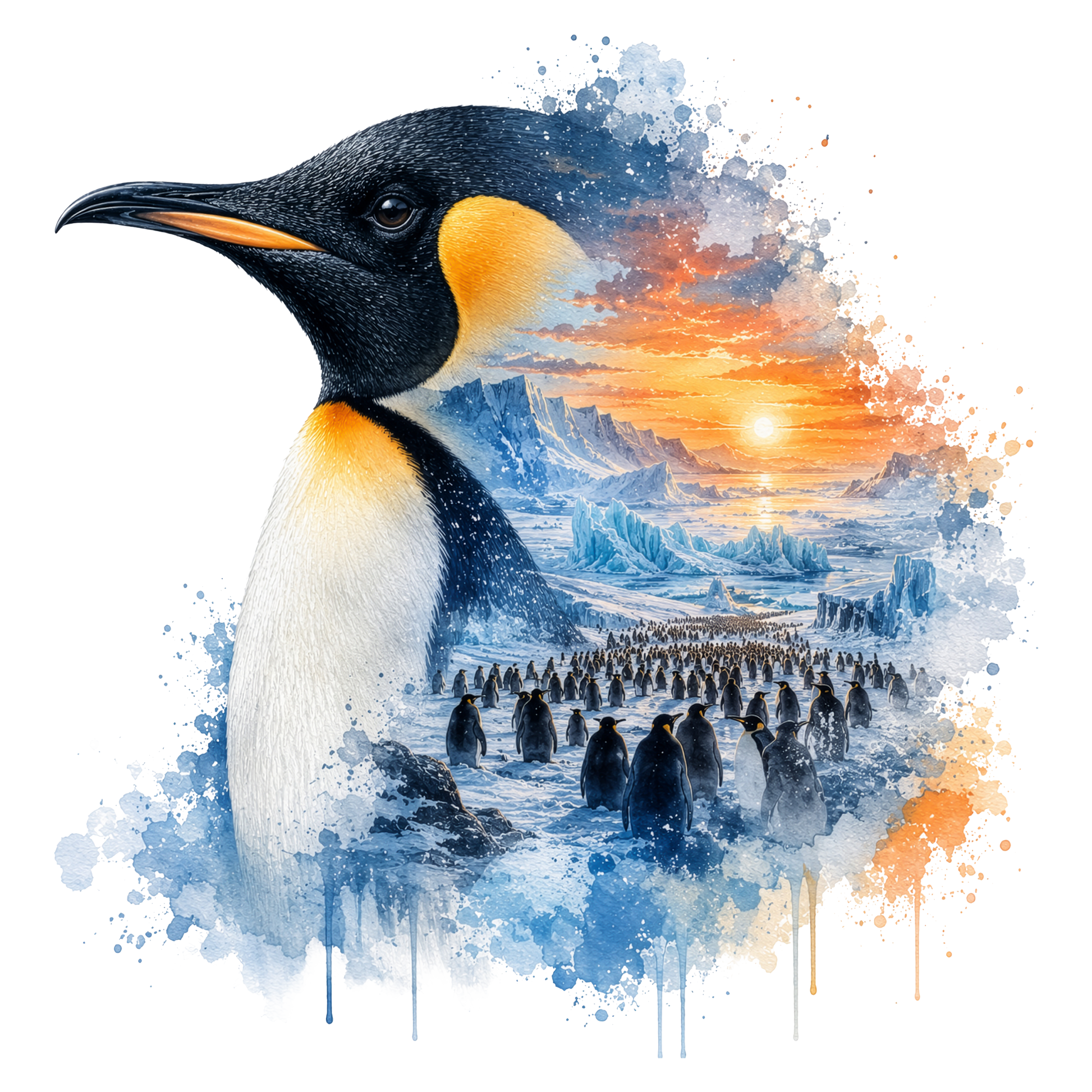A stylized polar landscape DTF featuring a large penguin in the foreground, a flock of penguins in an icy seascape, and an orange sunset over mountains, rendered with blue watercolor splashes on a white background.