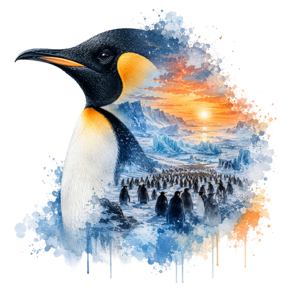 A stylized polar landscape DTF featuring a large penguin in the foreground, a flock of penguins in an icy seascape, and an orange sunset over mountains, rendered with blue watercolor splashes on a white background.