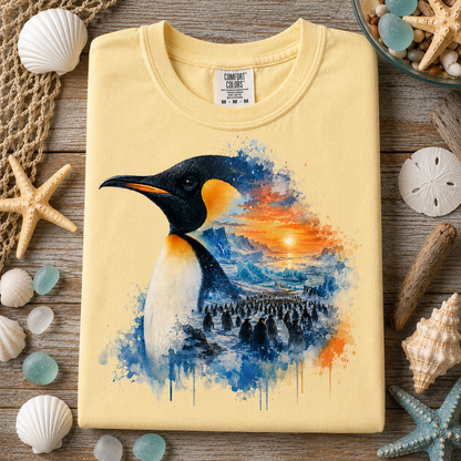 A folded butter colored T-shirt with a large penguin watercolor-style graphic in blue, orange, black, and white, surrounded by beach-themed props on a wooden surface. The neck label reads Comfort Colors.