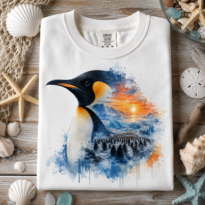 A white short-sleeve t-shirt with a detailed watercolor-style penguin graphic on the front, styled in a flat-lay arrangement with seashells, starfish, and a wooden surface.