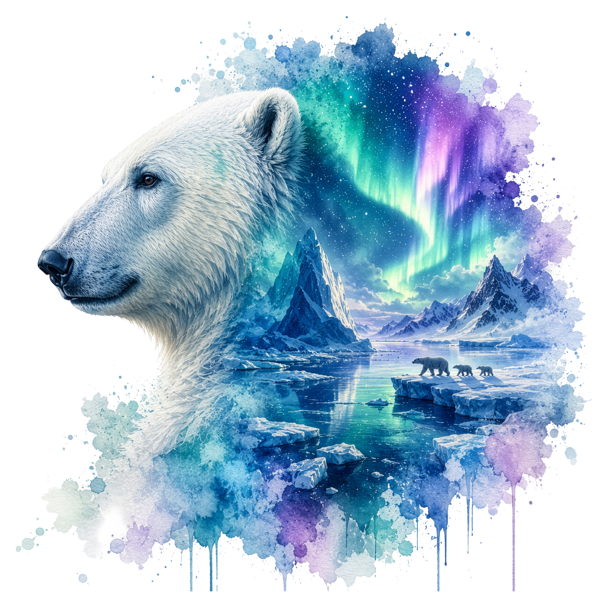 A stylized watercolor DTF featuring a polar bear in profile over an icy arctic landscape with mountains, polar bears on ice, and vivid aurora lights in blue, green, and purple on a white background.
