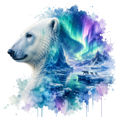 A stylized watercolor DTF featuring a polar bear in profile over an icy arctic landscape with mountains, polar bears on ice, and vivid aurora lights in blue, green, and purple on a white background.