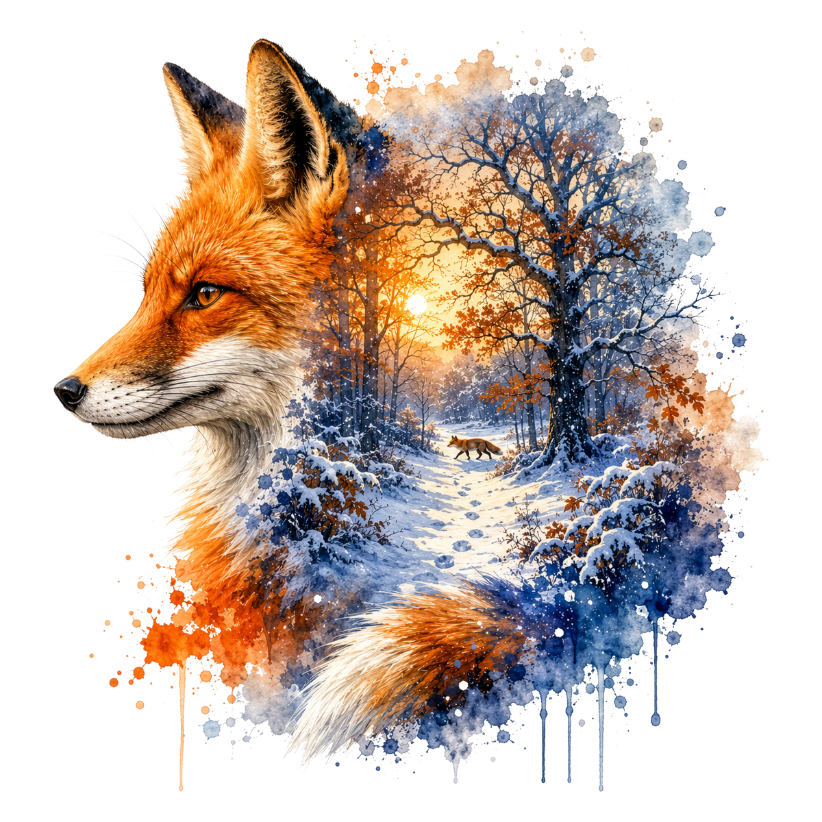 A stylized fox head in profile merged with a winter forest scene, rendered in watercolor splashes and drips on a white background.
