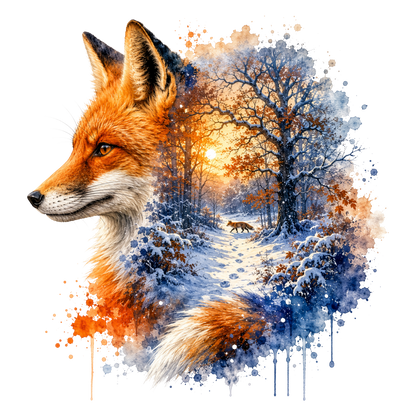 A stylized fox head in profile merged with a winter forest scene, rendered in watercolor splashes and drips on a white background.