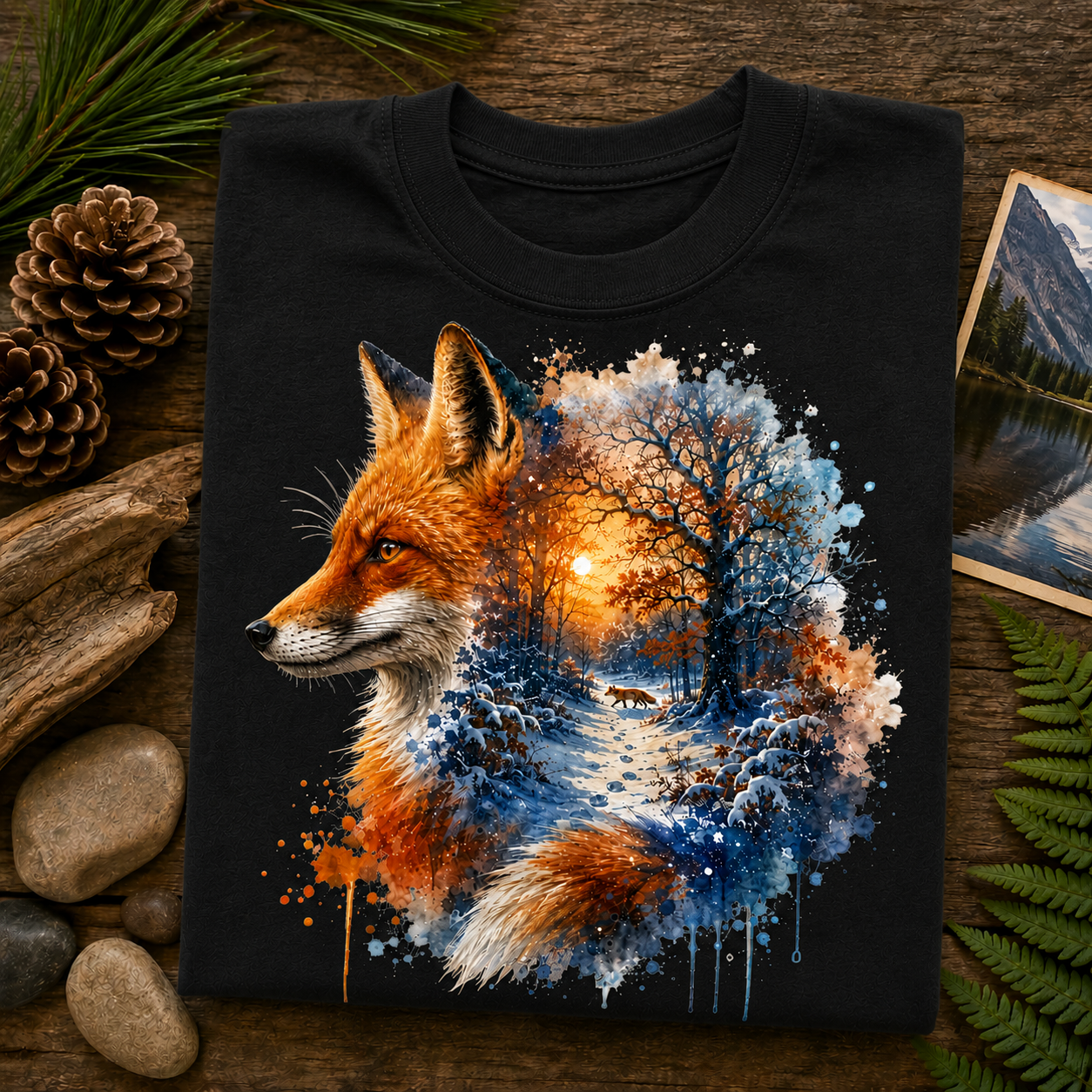 A folded black T-shirt displayed on a rustic wooden surface with pine needles, pinecones, stones, and a small landscape photo. The shirt features a large printed graphic of a fox in profile, with one half showing warm orange fur and the other half blending into a winter forest scene in blue, white, and brown tones.