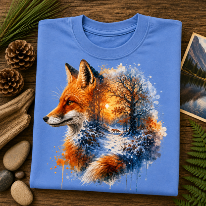 A folded mystic blue crewneck t-shirt is displayed on a rustic wooden surface, surrounded by natural props like pine needles, pinecones, driftwood, and stones. The t-shirt features a detailed graphic print of a red fox's head in profile, with its body blending into a winter forest scene with snow, bare trees, and a warm glowing moon.
