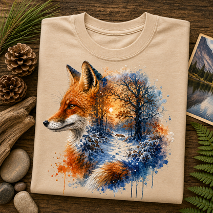 A sandstone colored crewneck t-shirt is laid flat on a rustic wooden surface, decorated with pine needles, pinecones, driftwood, and a small landscape photo. The t-shirt features a detailed graphic print of a fox's head in profile, blending into a winter forest scene with blue watercolor splatters and an orange sunset glow.