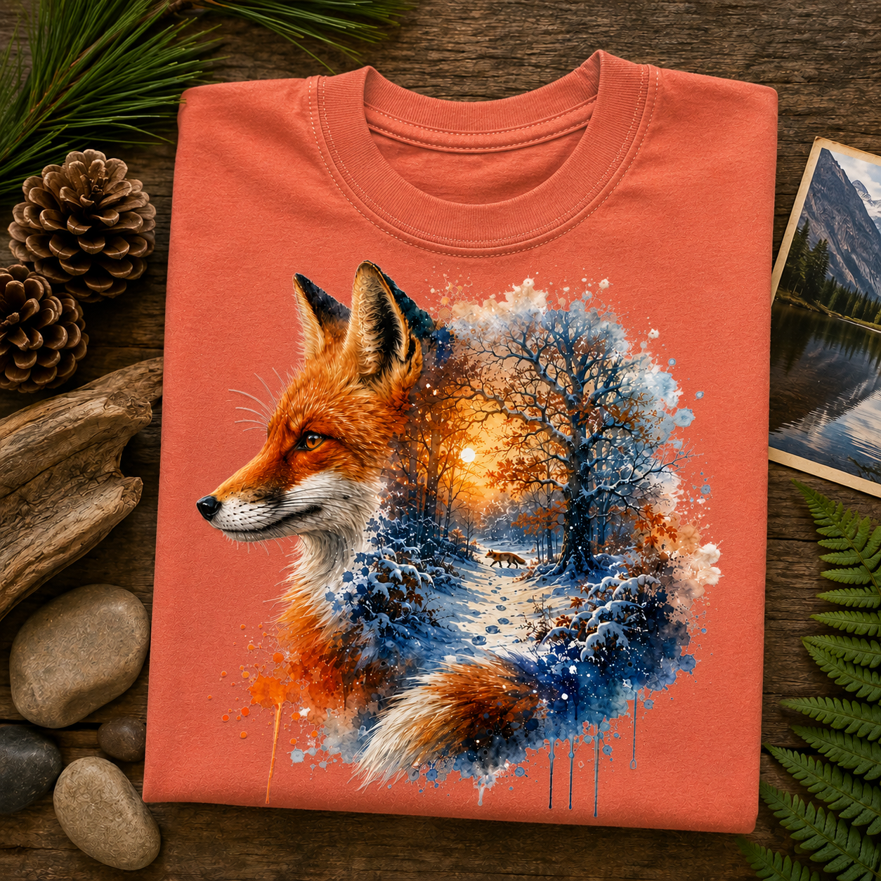 A folded terracotta colored crewneck t-shirt is displayed on a rustic wooden surface surrounded by natural props like pine needles, pinecones, driftwood, and a small landscape photo. The shirt features a detailed graphic print of a fox's head merging into a winter forest scene with blue snow, white trees, and a warm orange sunset.