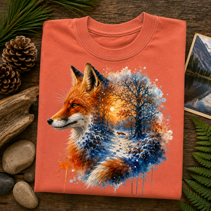 A folded terracotta colored crewneck t-shirt is displayed on a rustic wooden surface surrounded by natural props like pine needles, pinecones, driftwood, and a small landscape photo. The shirt features a detailed graphic print of a fox's head merging into a winter forest scene with blue snow, white trees, and a warm orange sunset.