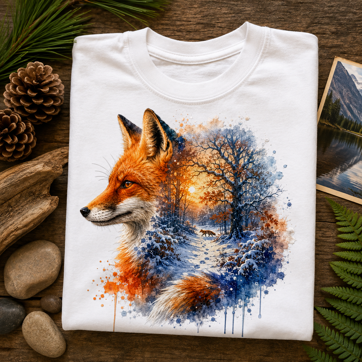 A folded white crewneck t-shirt is displayed on a rustic wooden surface, decorated with pine needles, pinecones, driftwood, and a small landscape photo. The shirt features a detailed graphic print of a red fox's head merging into a watercolor winter forest scene with blue, orange, and white tones.