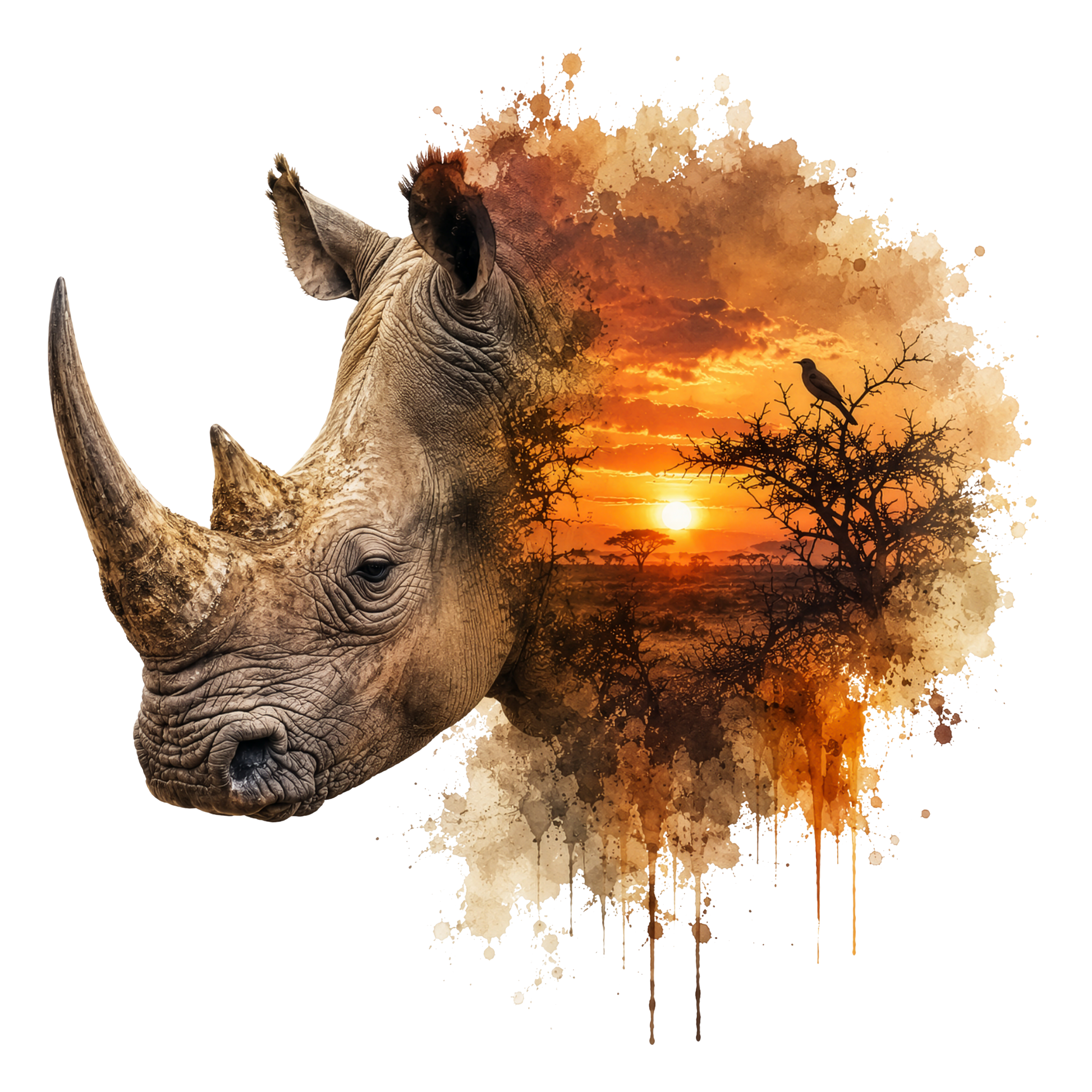 A stylized rhinoceros head in profile merged with an orange sunset savanna scene and paint-splatter effect on a black background.