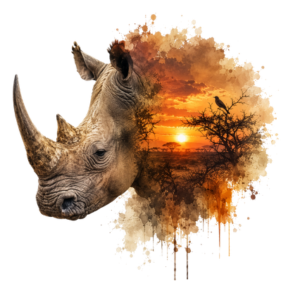 A stylized rhinoceros head in profile merged with an orange sunset savanna scene and paint-splatter effect on a black background.