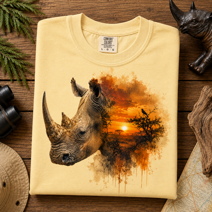 A folded butter colored Comfort Colors t-shirt with a graphic print of a rhinoceros head merging into an African savanna sunset scene, displayed on a rustic wooden background with safari-themed props.