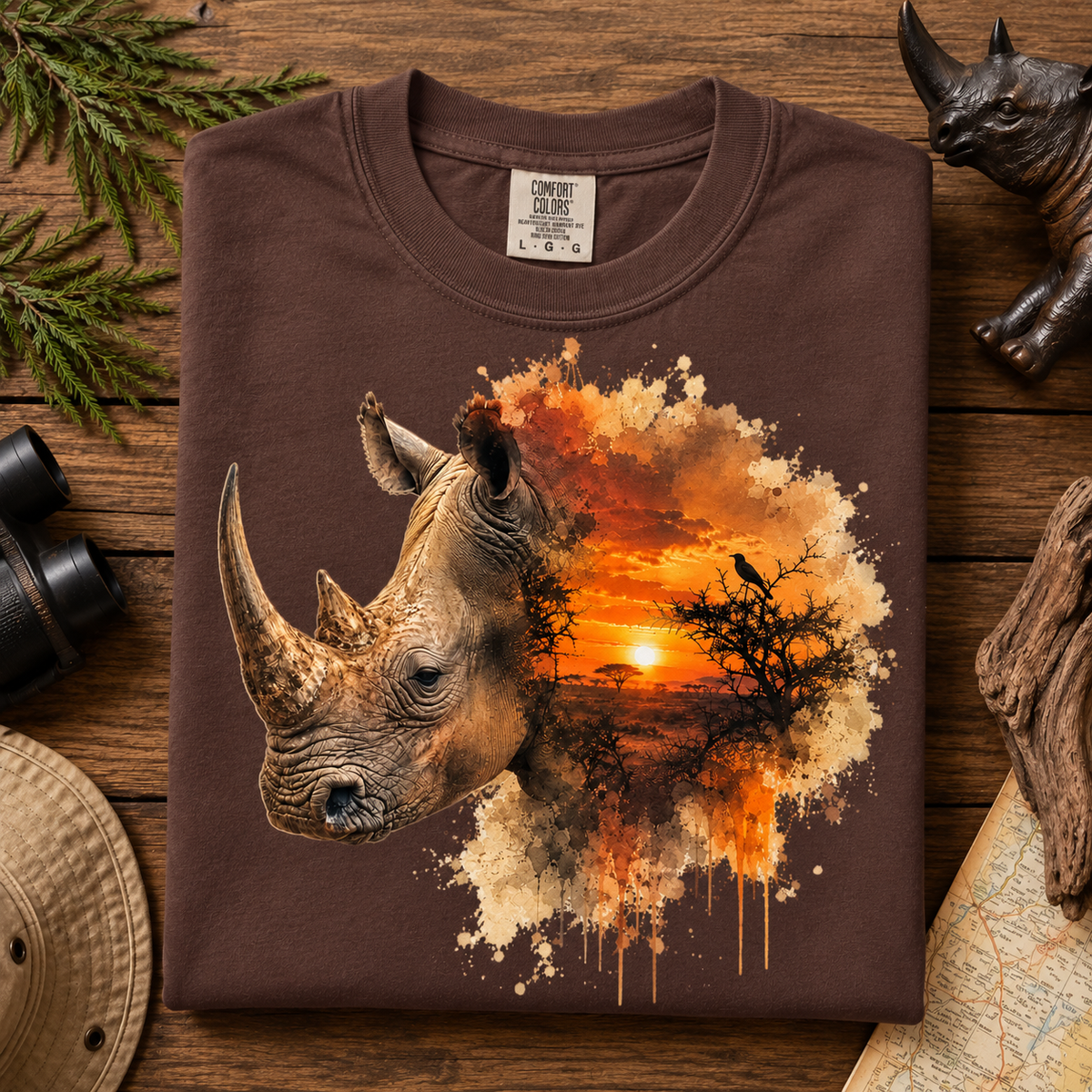 A expresso colored crewneck t-shirt laid flat on a rustic wooden surface, featuring a graphic print of a rhinoceros head merging into an orange and yellow sunset scene with a bird silhouette. The shirt is styled with outdoor props including a hat, binoculars, a small rhino figurine, and a map.