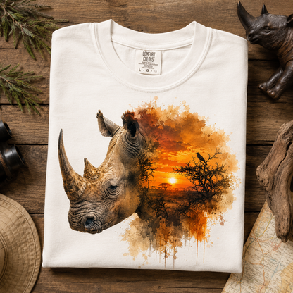 A folded white t-shirt with a graphic print of a rhinoceros head merging into an orange and yellow sunset landscape, displayed on a rustic wooden background with safari-themed props.