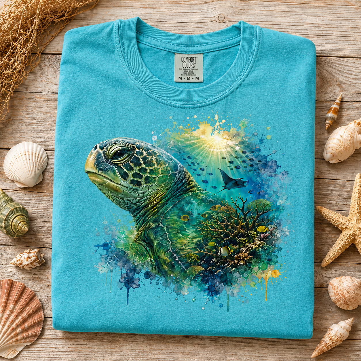 A folded lagoon blue t-shirt with a colorful sea turtle and coral graphic, styled on a wooden surface with seashells and netting.
