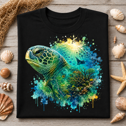 A black short-sleeve T-shirt laid flat on a rustic wood surface, surrounded by seashells and netting. The shirt features a large colorful sea turtle graphic with blue, green, yellow, and orange watercolor splashes and coral details.