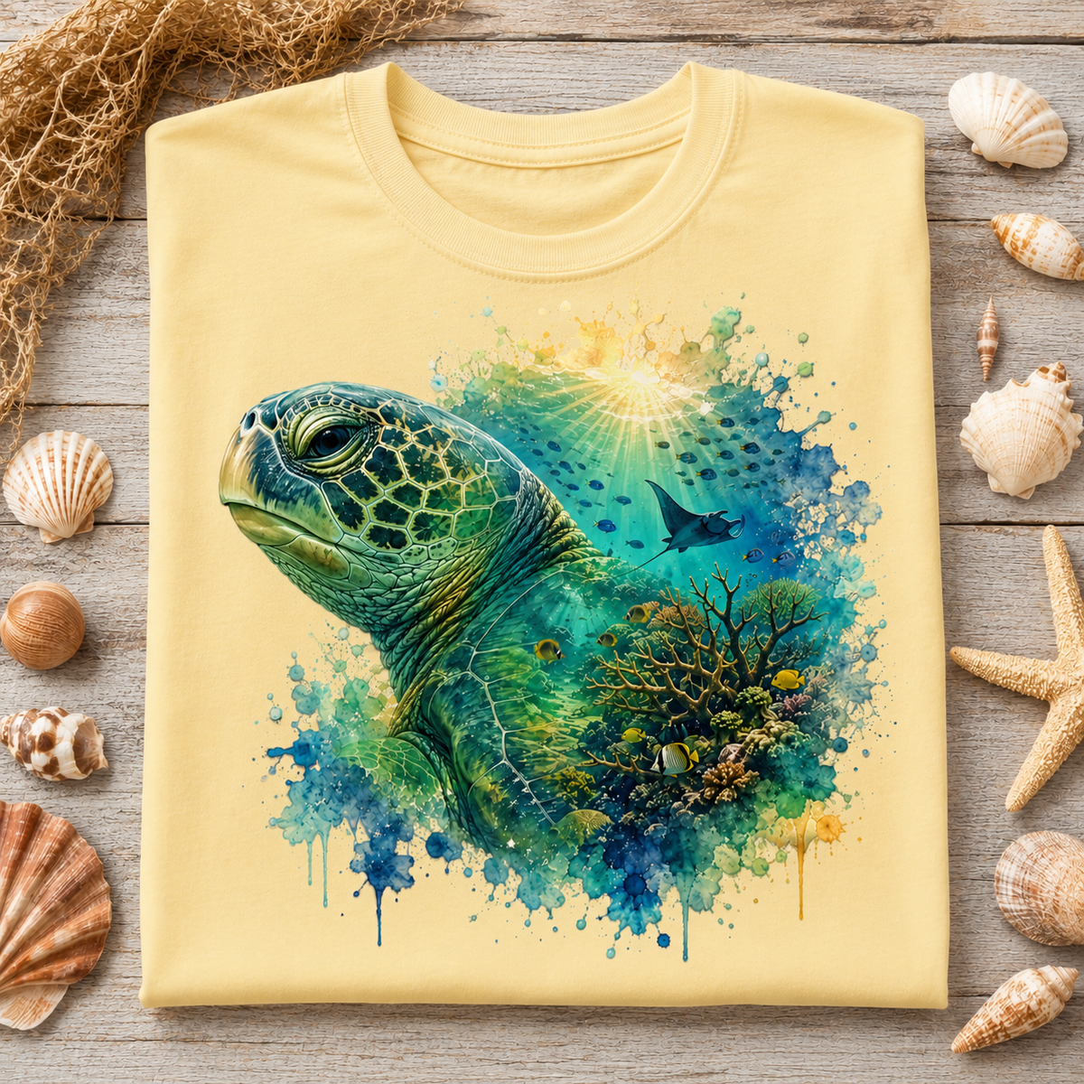 A folded butter colored T-shirt laid flat on a rustic wood surface, surrounded by seashells and netting. The shirt features a large colorful sea turtle graphic with blue, green, and yellow watercolor splashes and coral details.