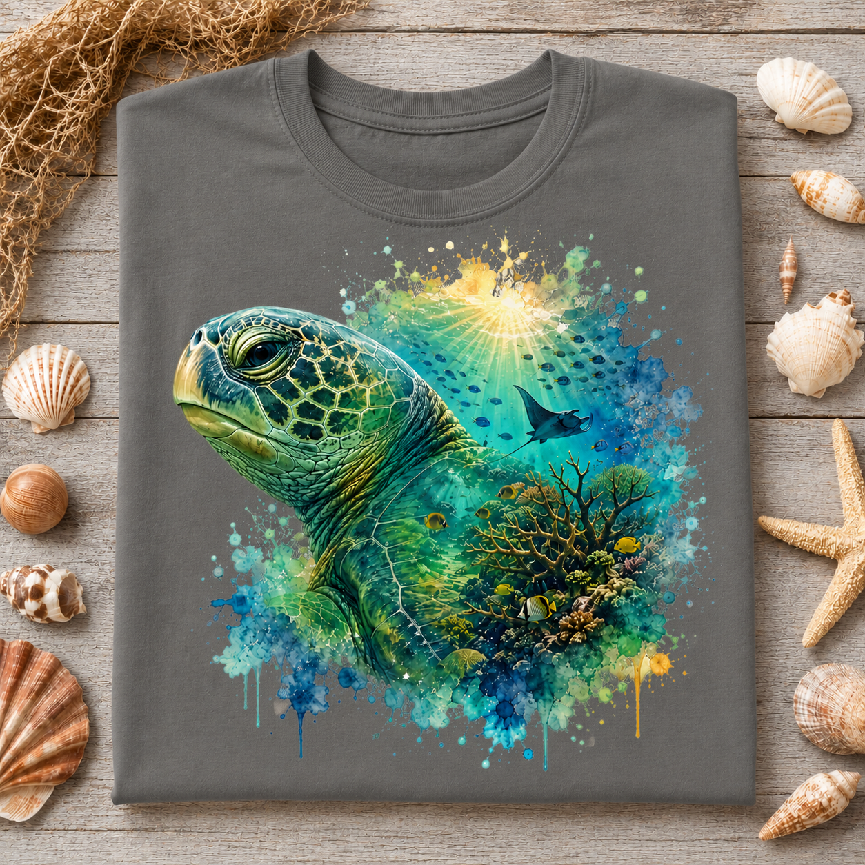 A gray crewneck t-shirt laid flat on a rustic wooden surface, surrounded by seashells and netting. The shirt features a vibrant graphic print of a sea turtle emerging from a colorful underwater scene with coral, fish, and a sunburst.