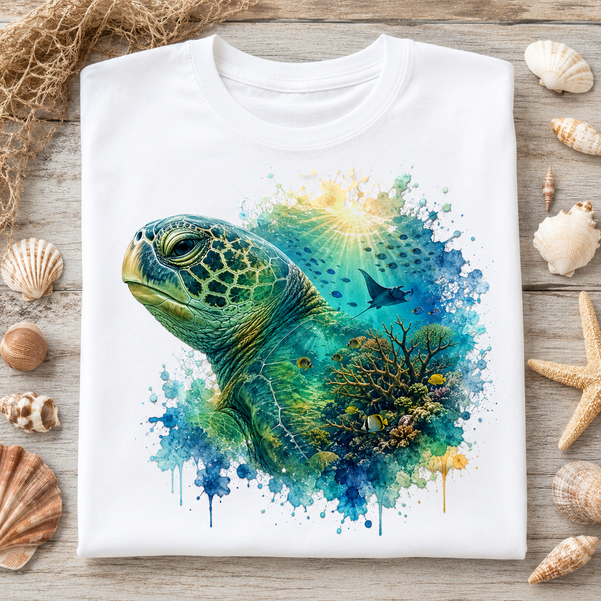 A white short-sleeve T-shirt laid flat on a rustic wooden surface, featuring a colorful watercolor-style sea turtle graphic with blue, green, yellow, and coral artwork. Seashells, a starfish, netting, and dried grass surround the shirt as styled props.