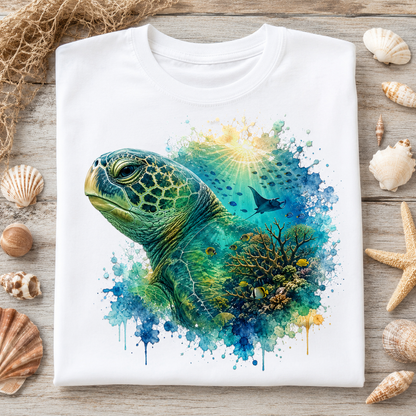 A white short-sleeve T-shirt laid flat on a rustic wooden surface, featuring a colorful watercolor-style sea turtle graphic with blue, green, yellow, and coral artwork. Seashells, a starfish, netting, and dried grass surround the shirt as styled props.