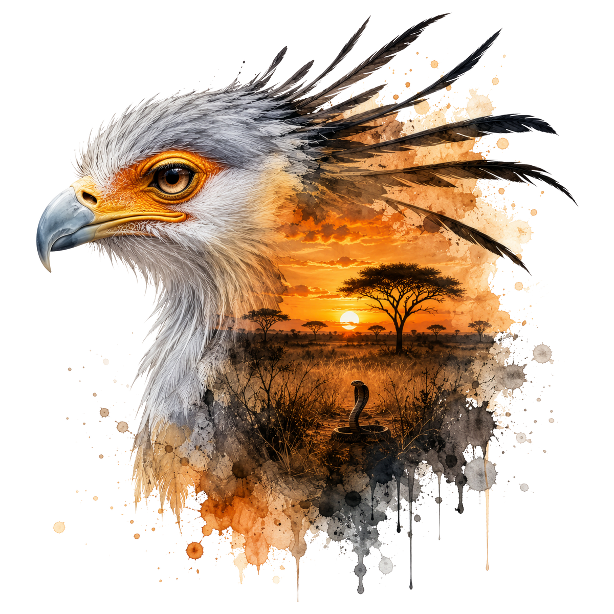 A stylized watercolor dtf of a bird of prey head in profile, blending into an African savanna sunset scene with trees, a snake, and paint splatter effects on a white background.