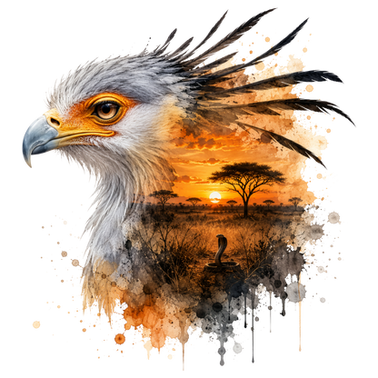 A stylized watercolor dtf of a bird of prey head in profile, blending into an African savanna sunset scene with trees, a snake, and paint splatter effects on a white background.