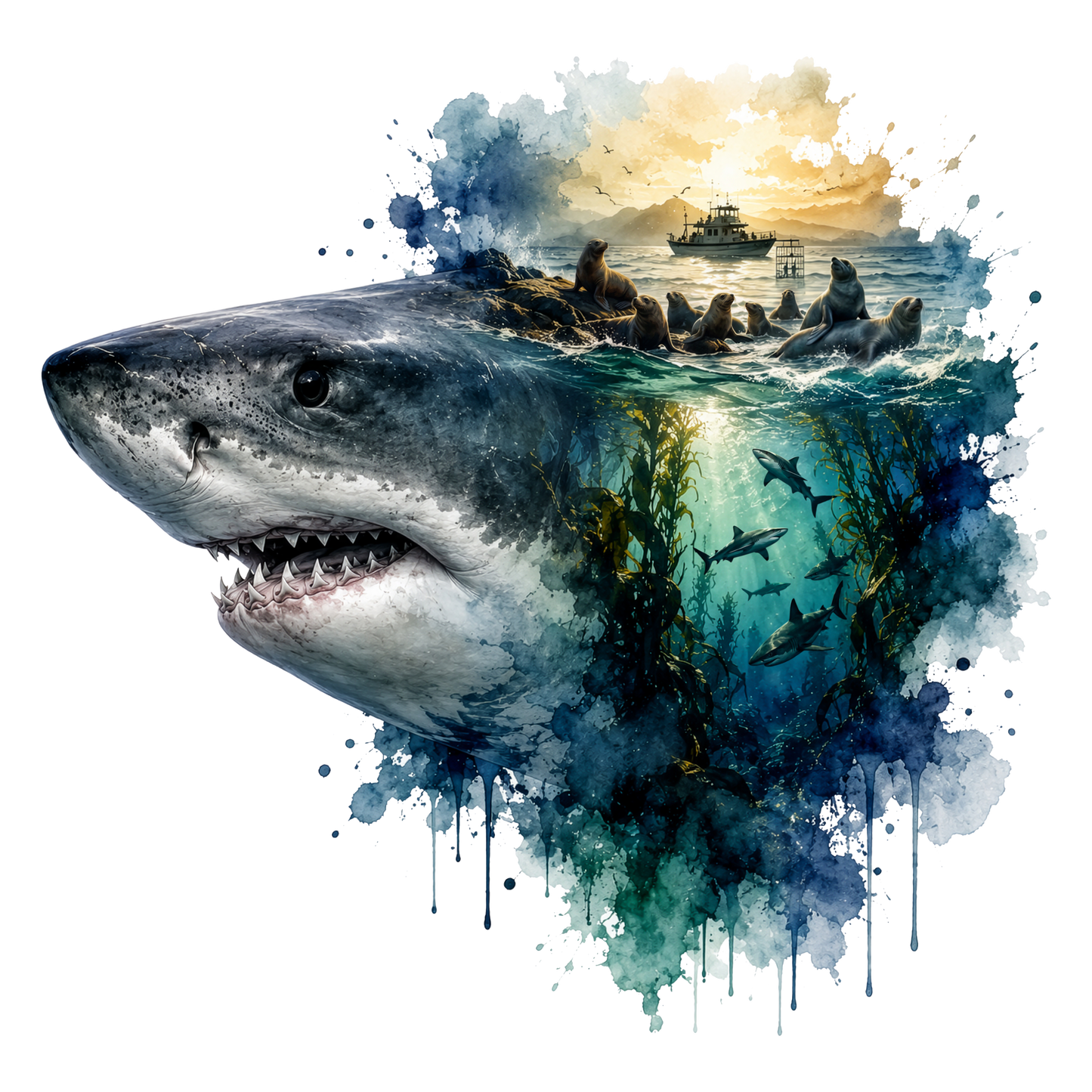 A stylized shark DTF merging into an underwater ocean scene with seals, fish, kelp, a boat, and a sunset, isolated on a black background.