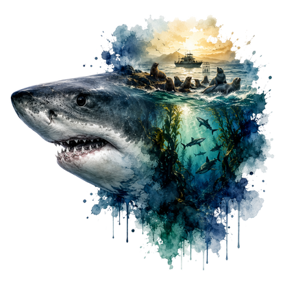 A stylized shark DTF merging into an underwater ocean scene with seals, fish, kelp, a boat, and a sunset, isolated on a black background.